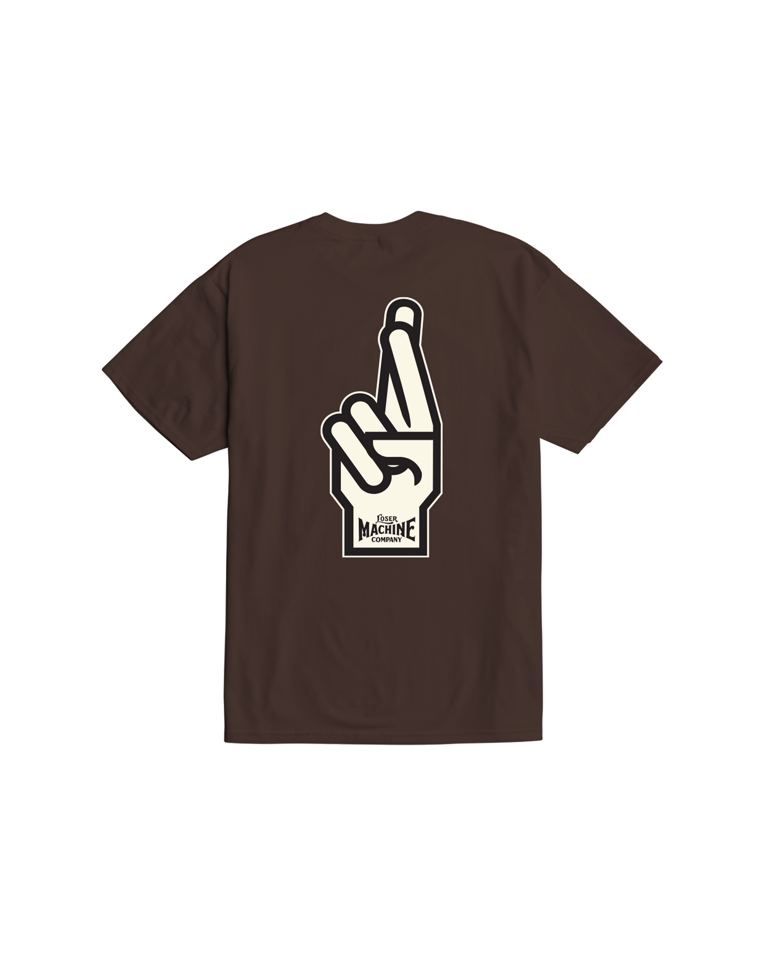 loser-machine-good-luck-fingers-stock-t-shirt-java-brown (zoomed)