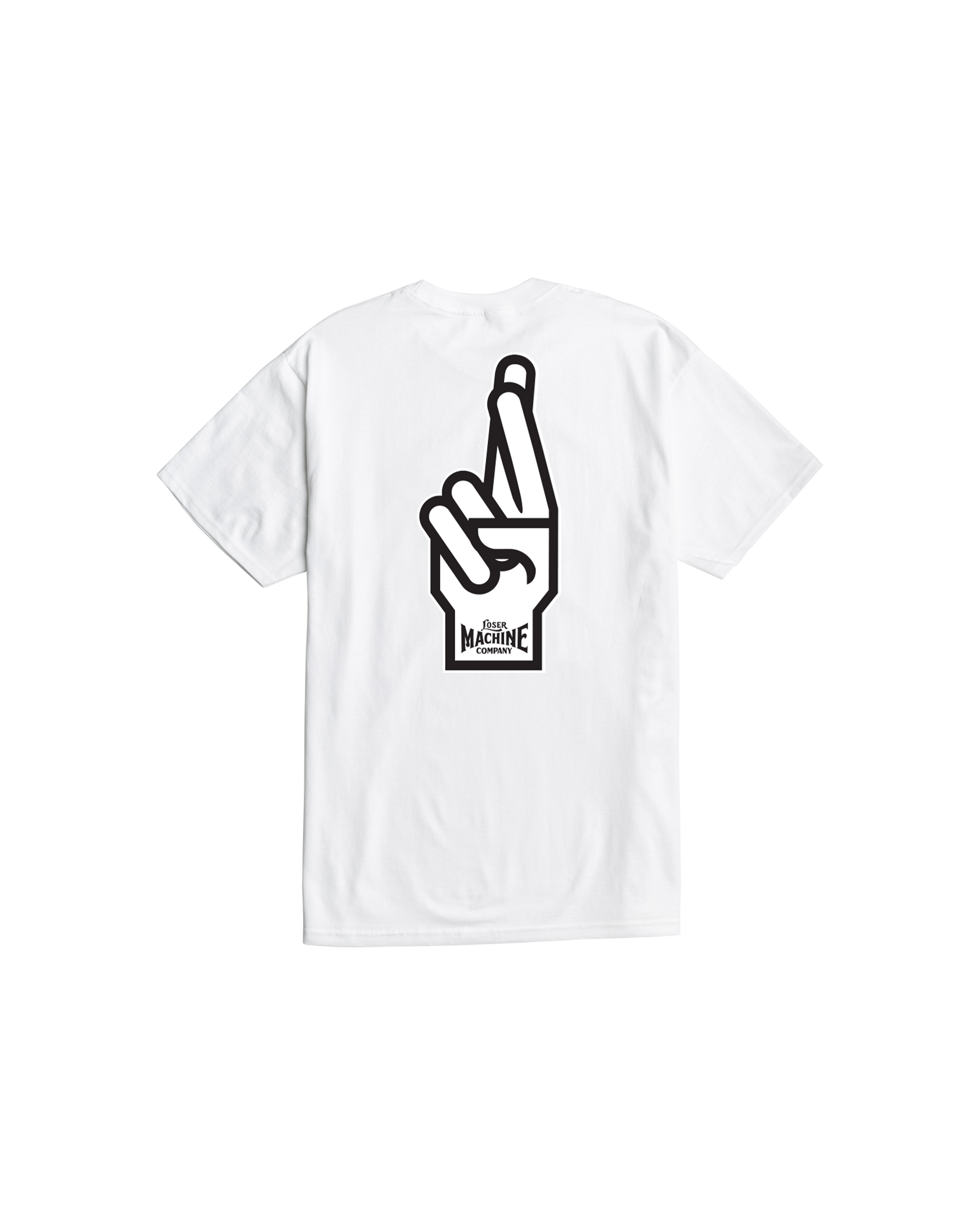 loser machine good luck fingers stock t-shirt white (zoomed)