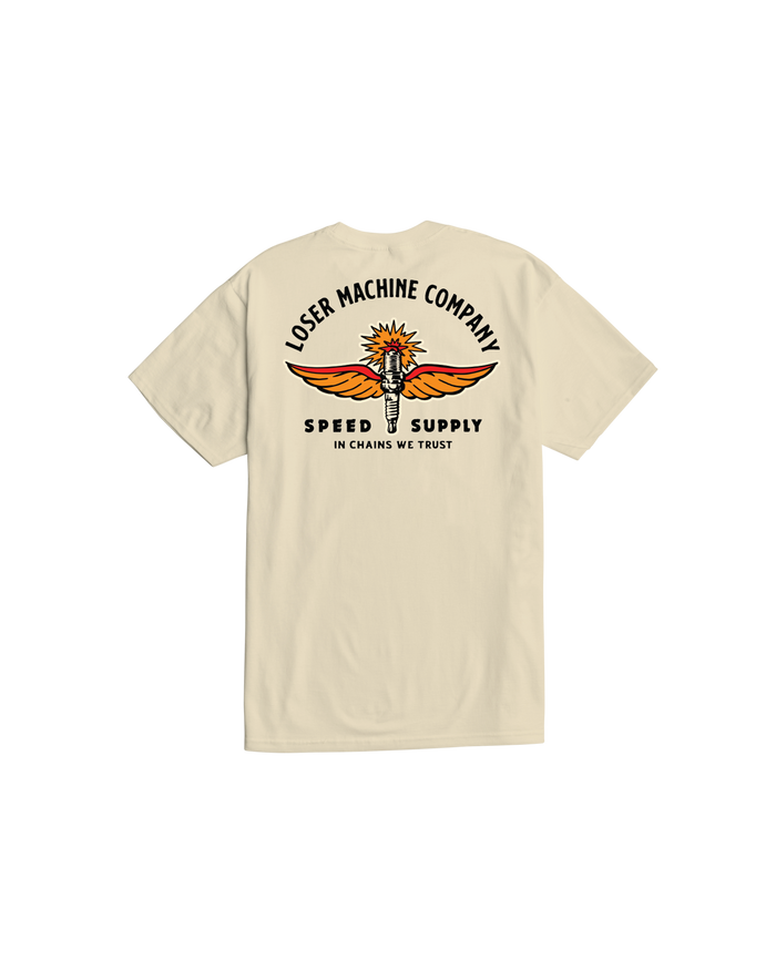 loser machine spark plug stock t-shirt cream