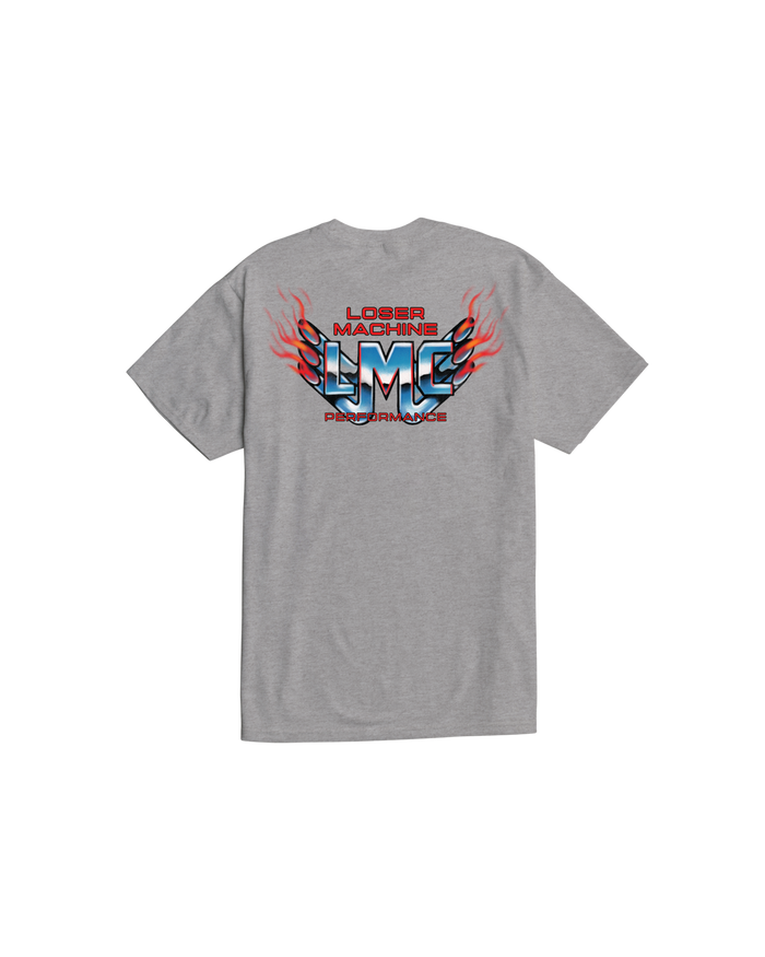 loser machine hot exhaust stock t-shirt heather grey