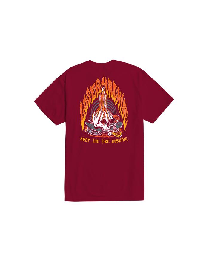 loser machine on fire stock t-shirt burgundy